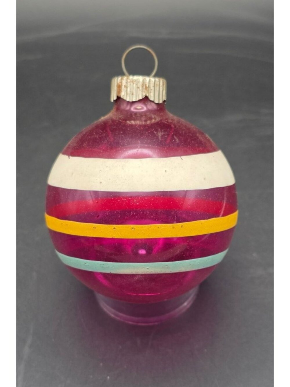Vintage MCM Shiny Brite Unsilvered Pink Striped WWII Era Christmas Ornament USA